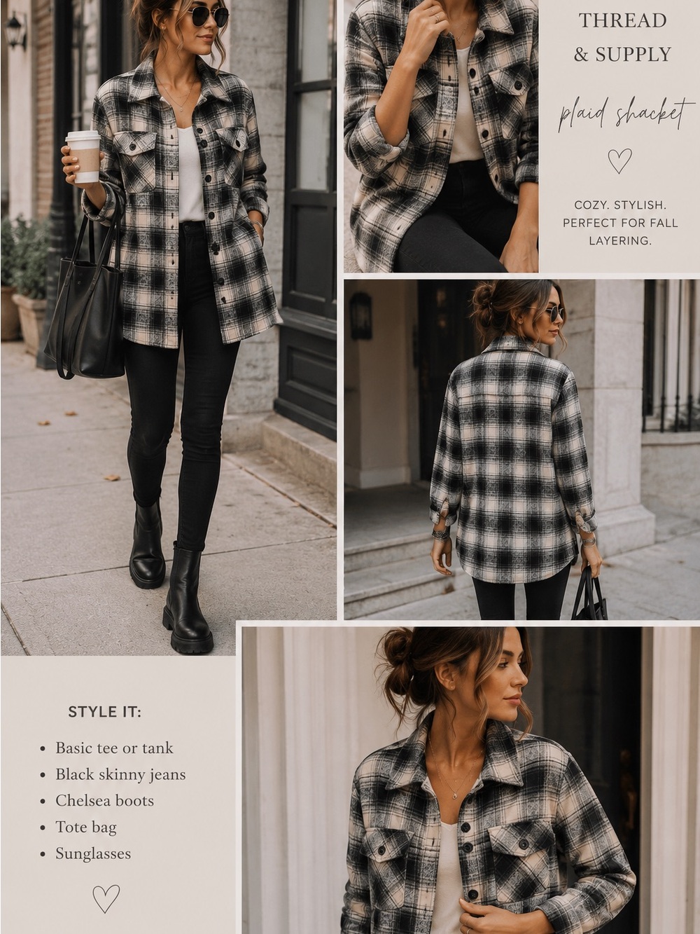 Thread & Supply XS Plaid Shacket Black Ivory Shirt Jacket Fall Layering